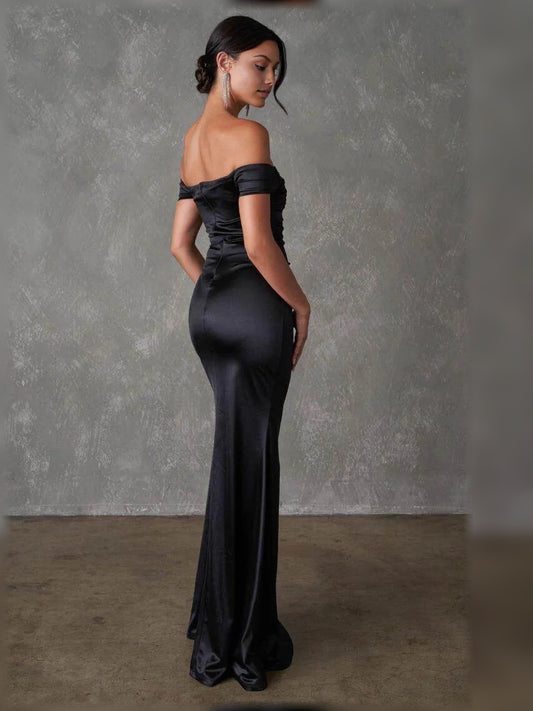 Black sheath maxi formal dress with skirt slit, alternate view