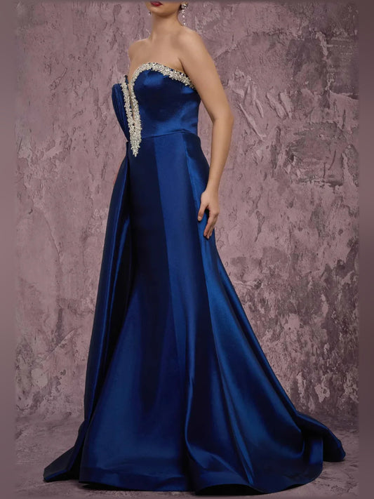 Navy Blue mermaid floor-length formal dress with beading, alternate view