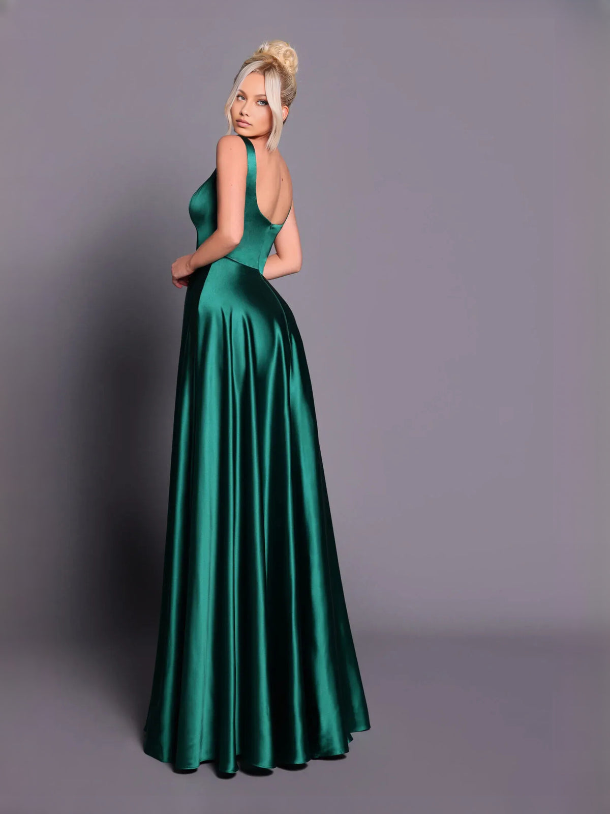 Green a-line floor-length formal dress with square neckline, alternate view