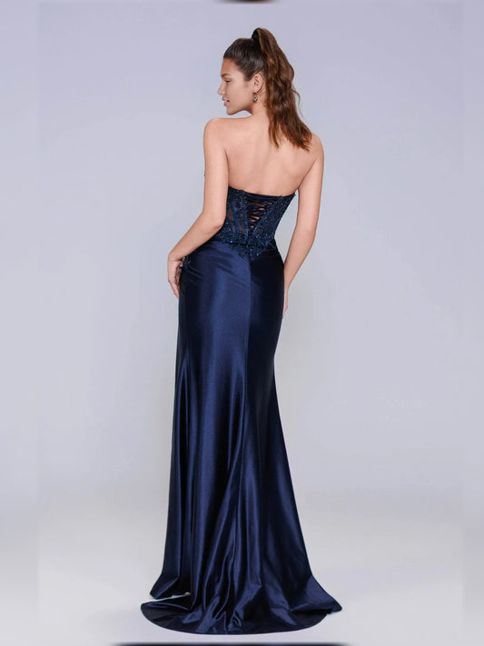 Navy Blue mermaid floor-length formal dress with skirt slit, alternate view