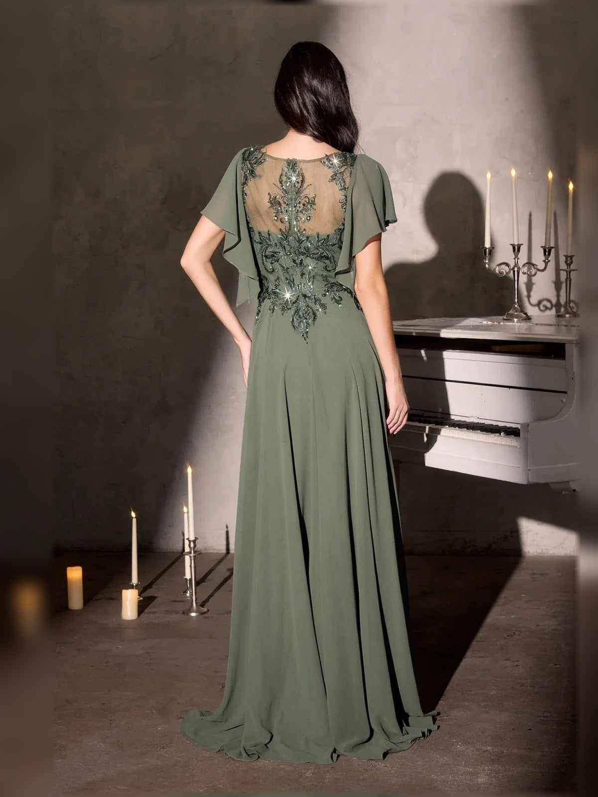 Dusty Sage floor-length mother of the bride dress, alternate view showing the bodice and skirt
