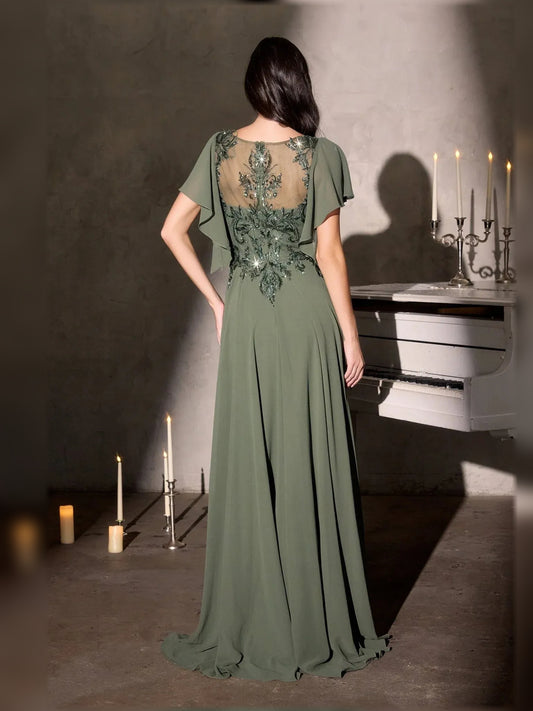 Dusty Sage floor-length mother of the bride dress, alternate view showing the bodice and skirt