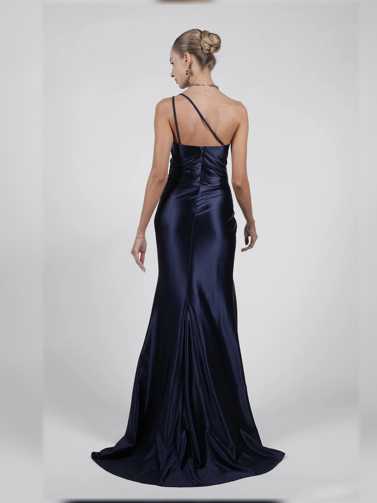Navy Blue mermaid floor-length formal dress with skirt slit, alternate view
