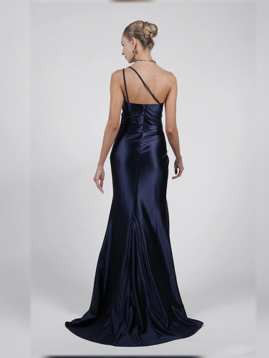 Navy Blue mermaid floor-length formal dress with skirt slit, alternate view