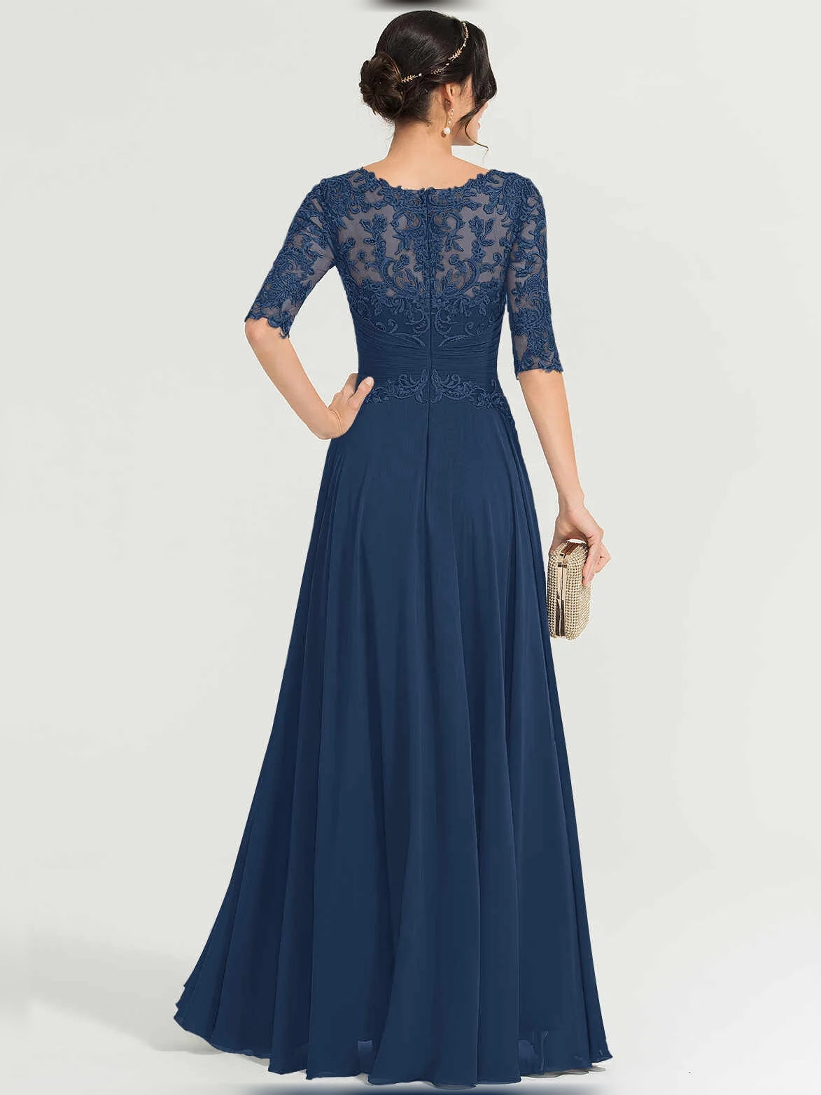 Dark Navy maxi mother of the bride dress, alternate view showing the bodice and skirt