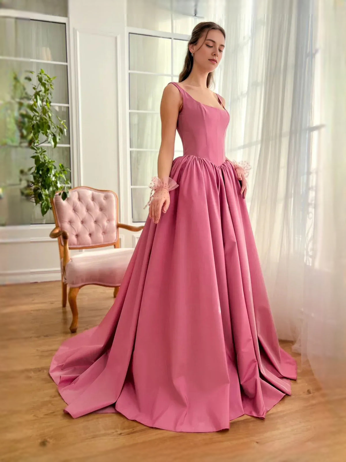 Hot Pink maxi prom dress, alternate view showing the bodice and skirt
