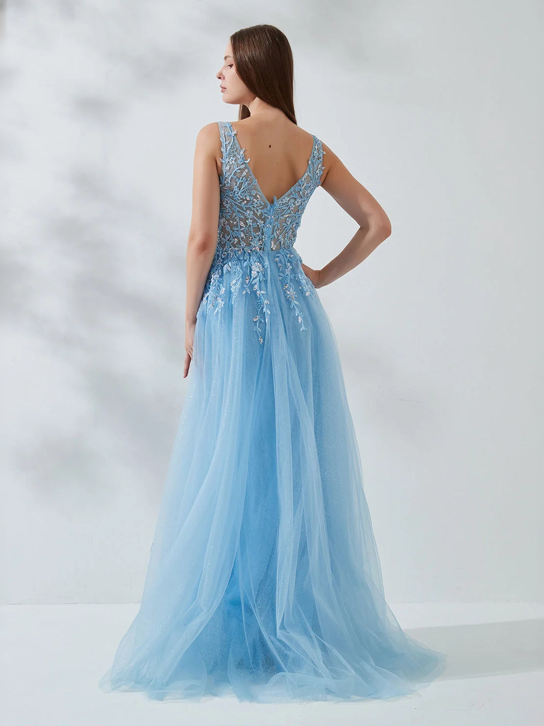 Light Blue maxi prom dress, back view showing the rear of the dress
