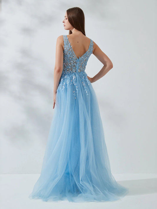 Light Blue maxi prom dress, back view showing the rear of the dress