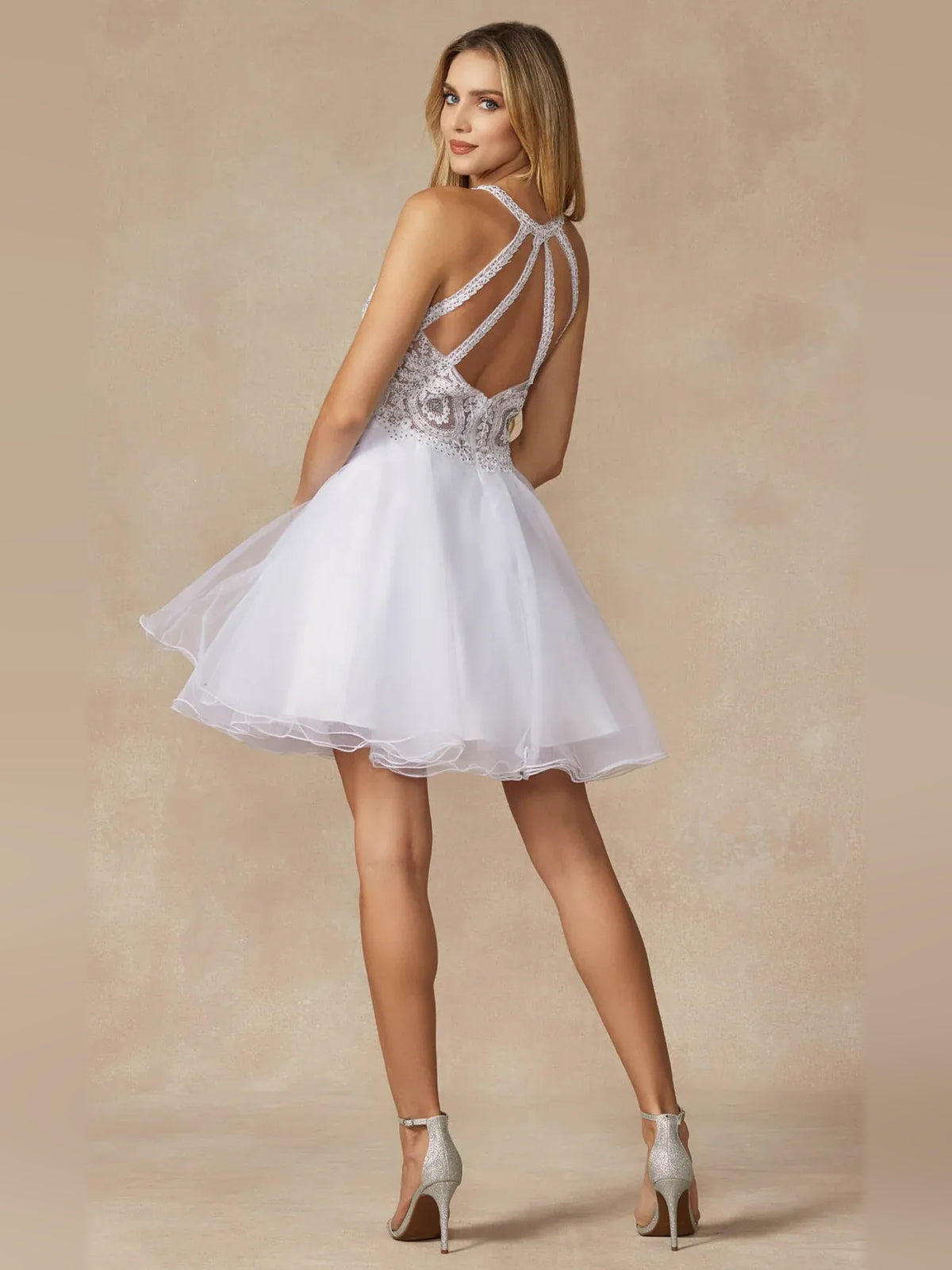 White short homecoming dress, back view showing the rear of the dress