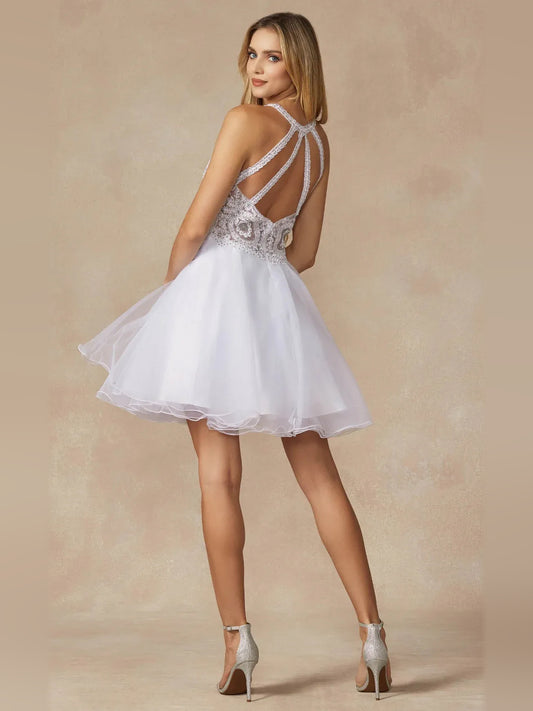White short homecoming dress, back view showing the rear of the dress