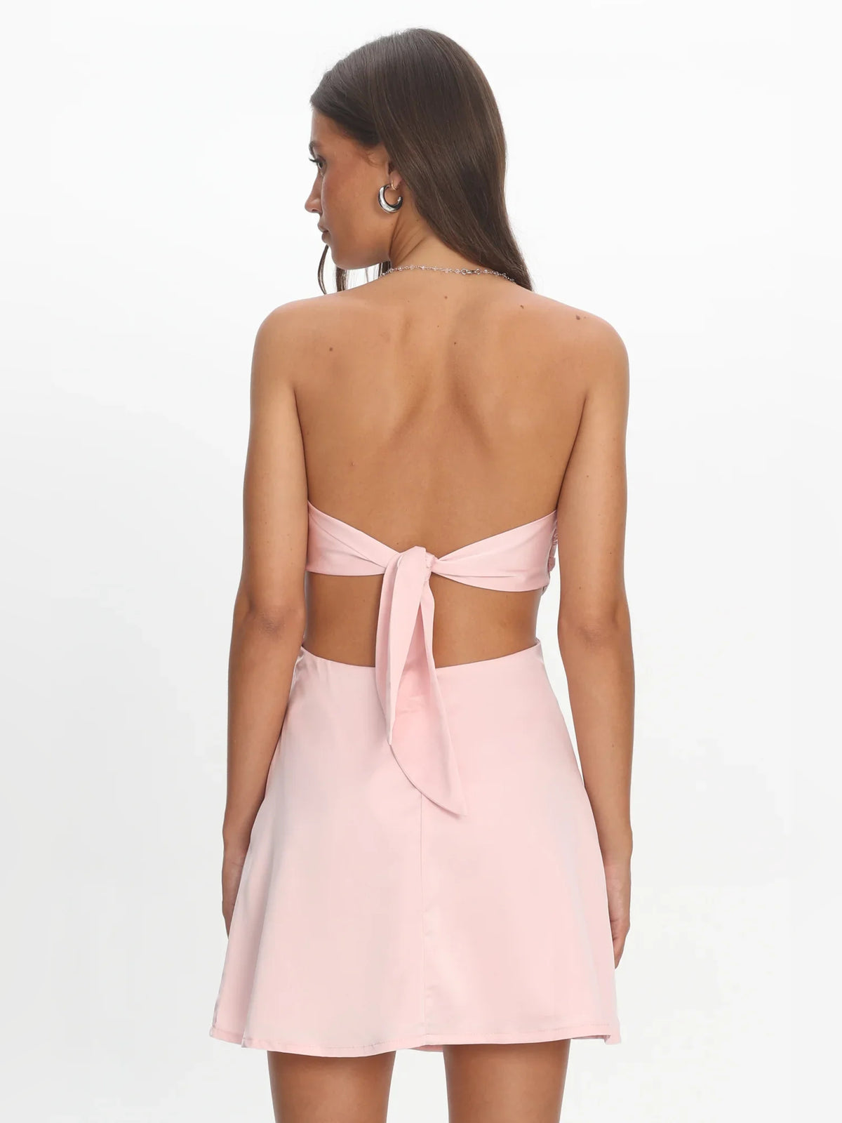 Blush Pink mini homecoming dress, back view showing the rear of the dress