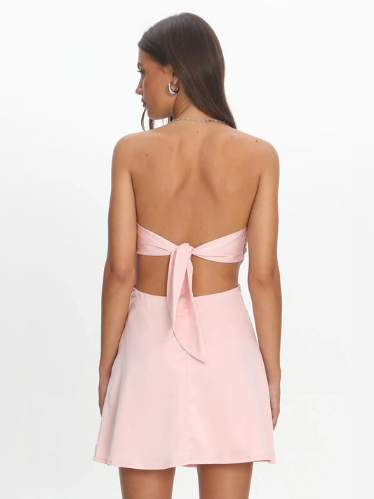 Blush Pink mini homecoming dress, back view showing the rear of the dress