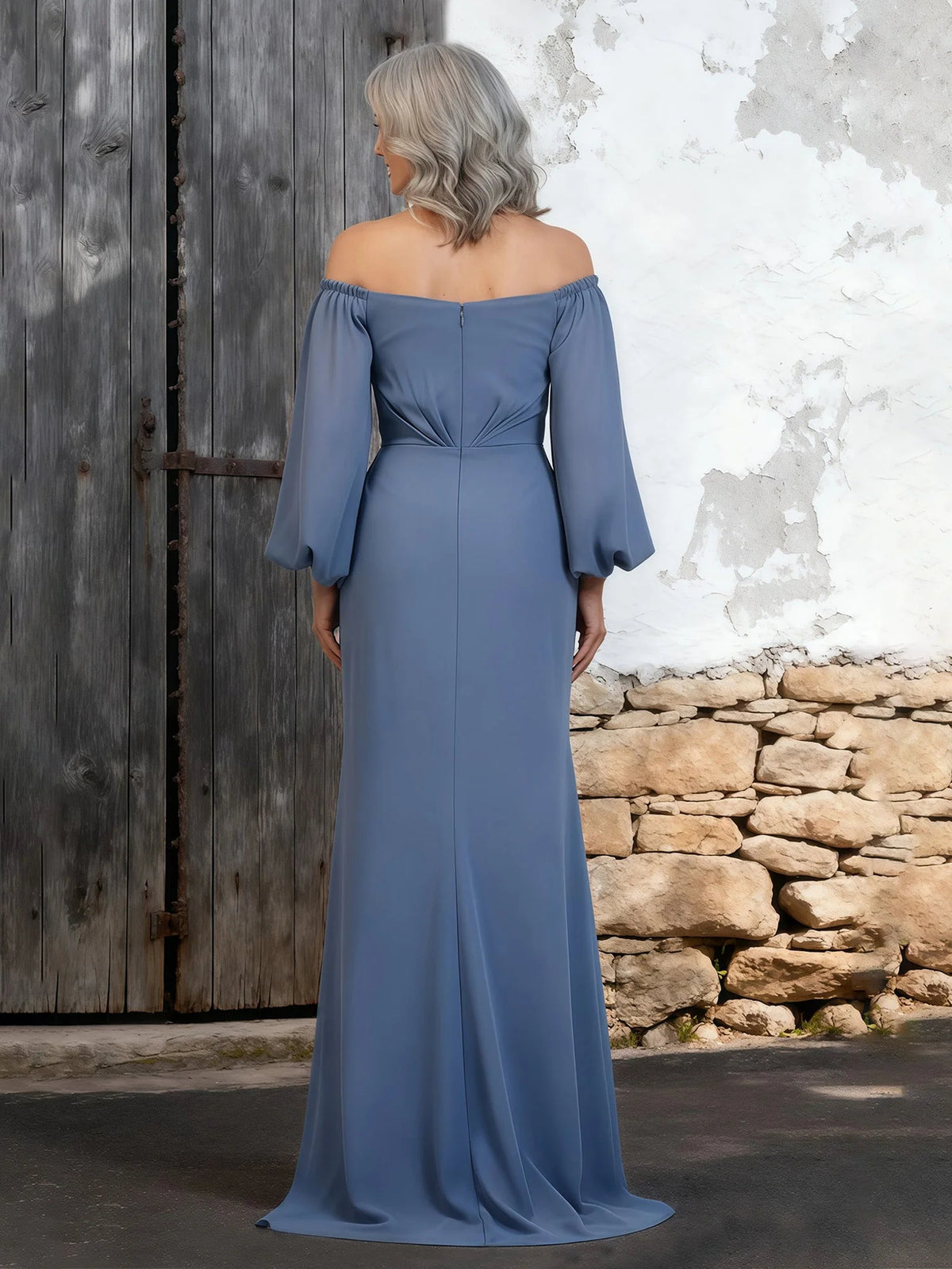 Dusty Blue maxi mother of the bride dress, alternate view showing the bodice and skirt