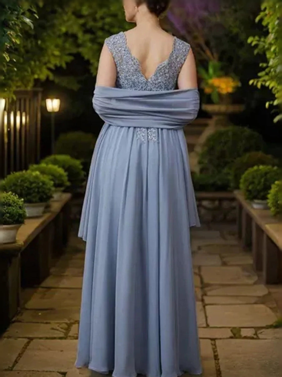 Dusty Blue floor-length mother of the bride dress, alternate view showing the bodice and skirt