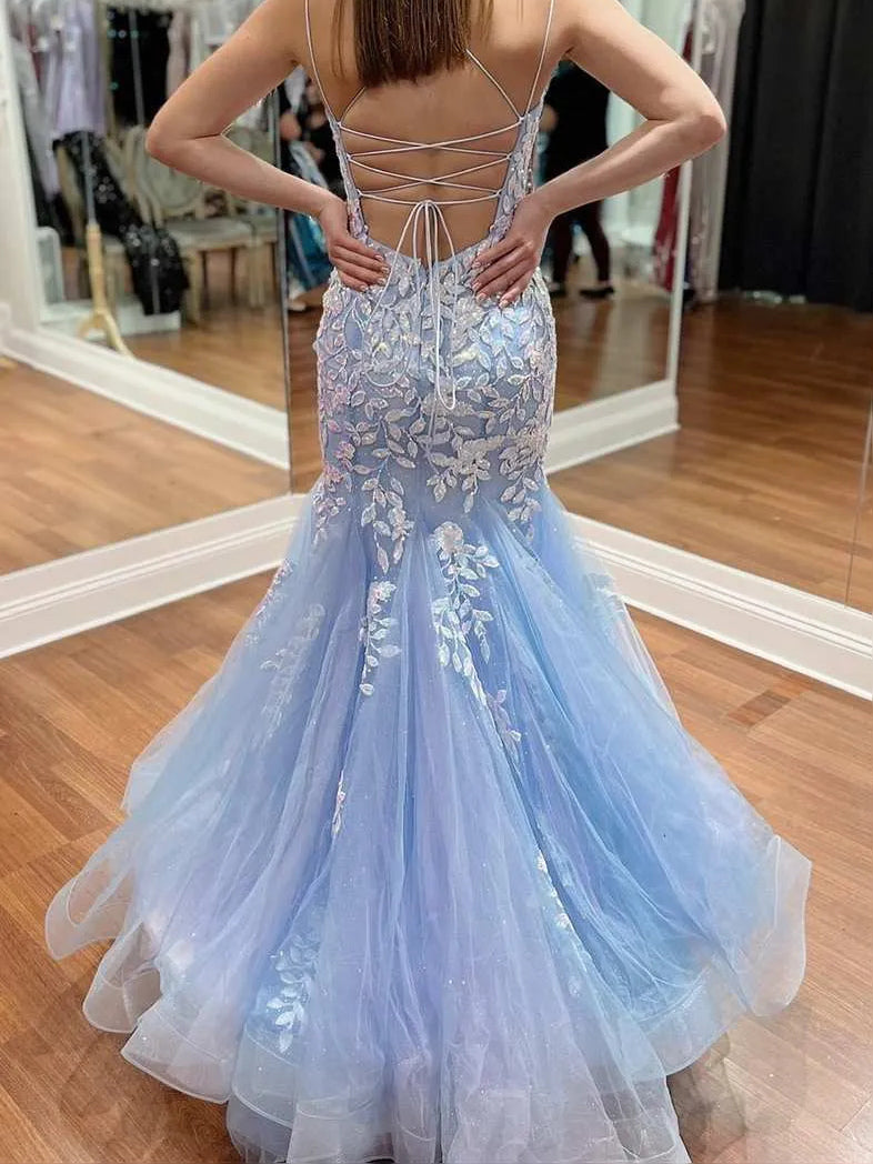 Sky Blue maxi prom dress, alternate view showing the bodice and skirt
