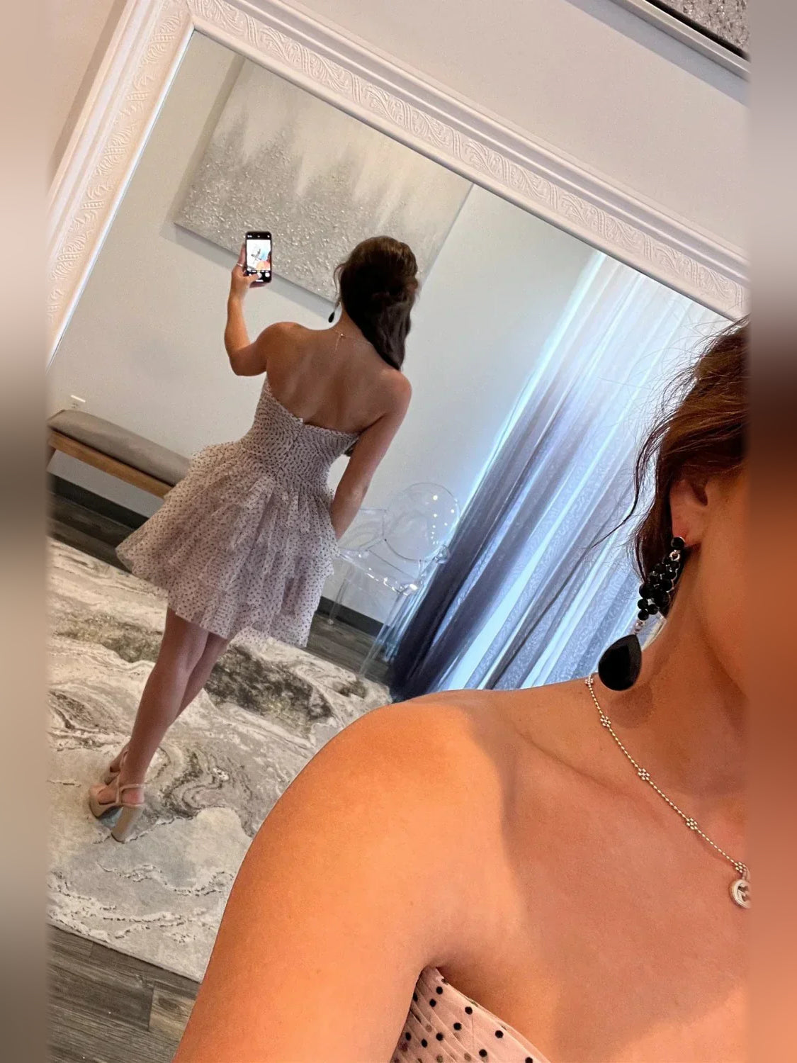 Pink mini homecoming dress, back view showing the rear of the dress