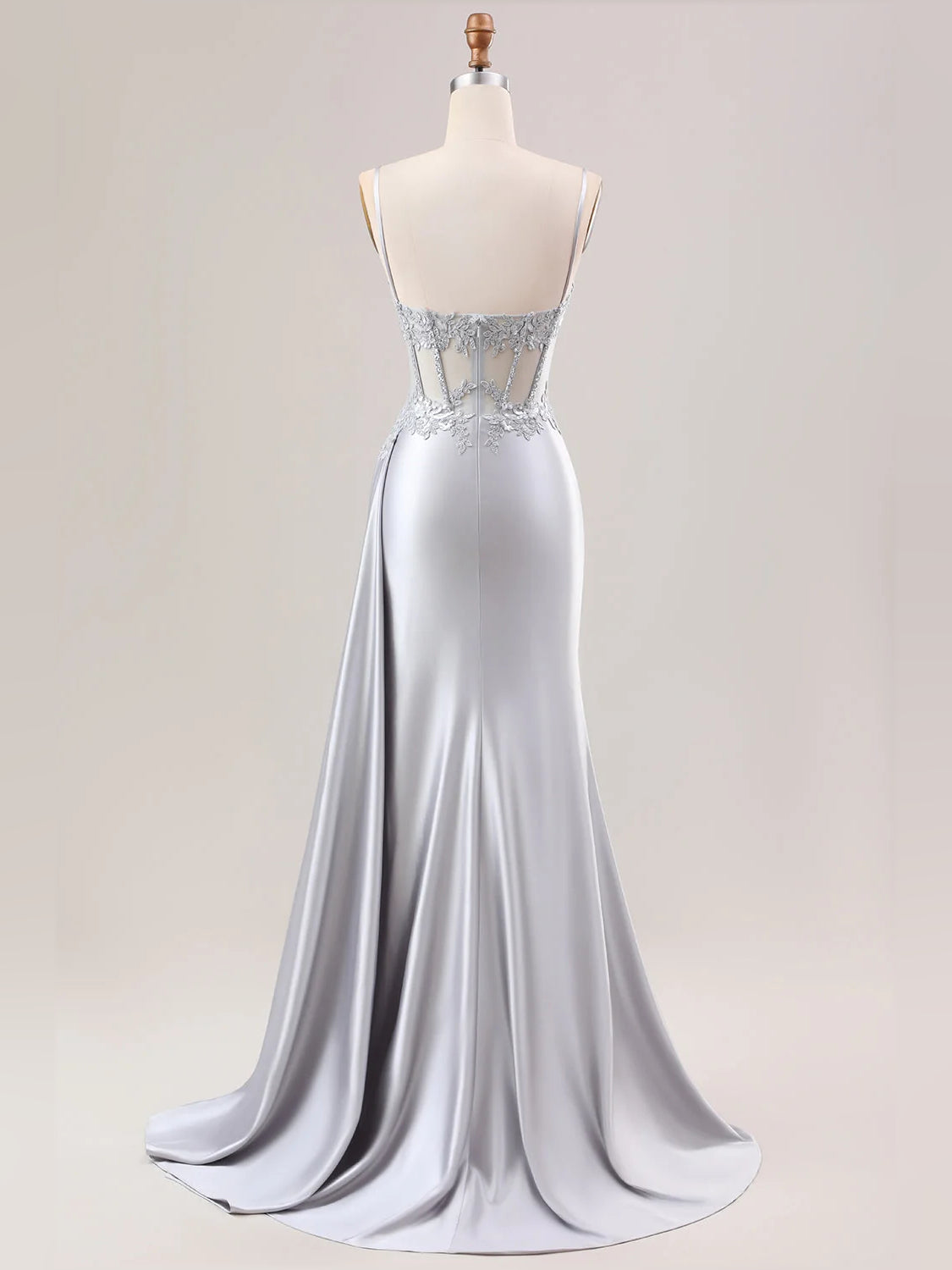 Silver floor-length prom dress, alternate view showing the bodice and skirt