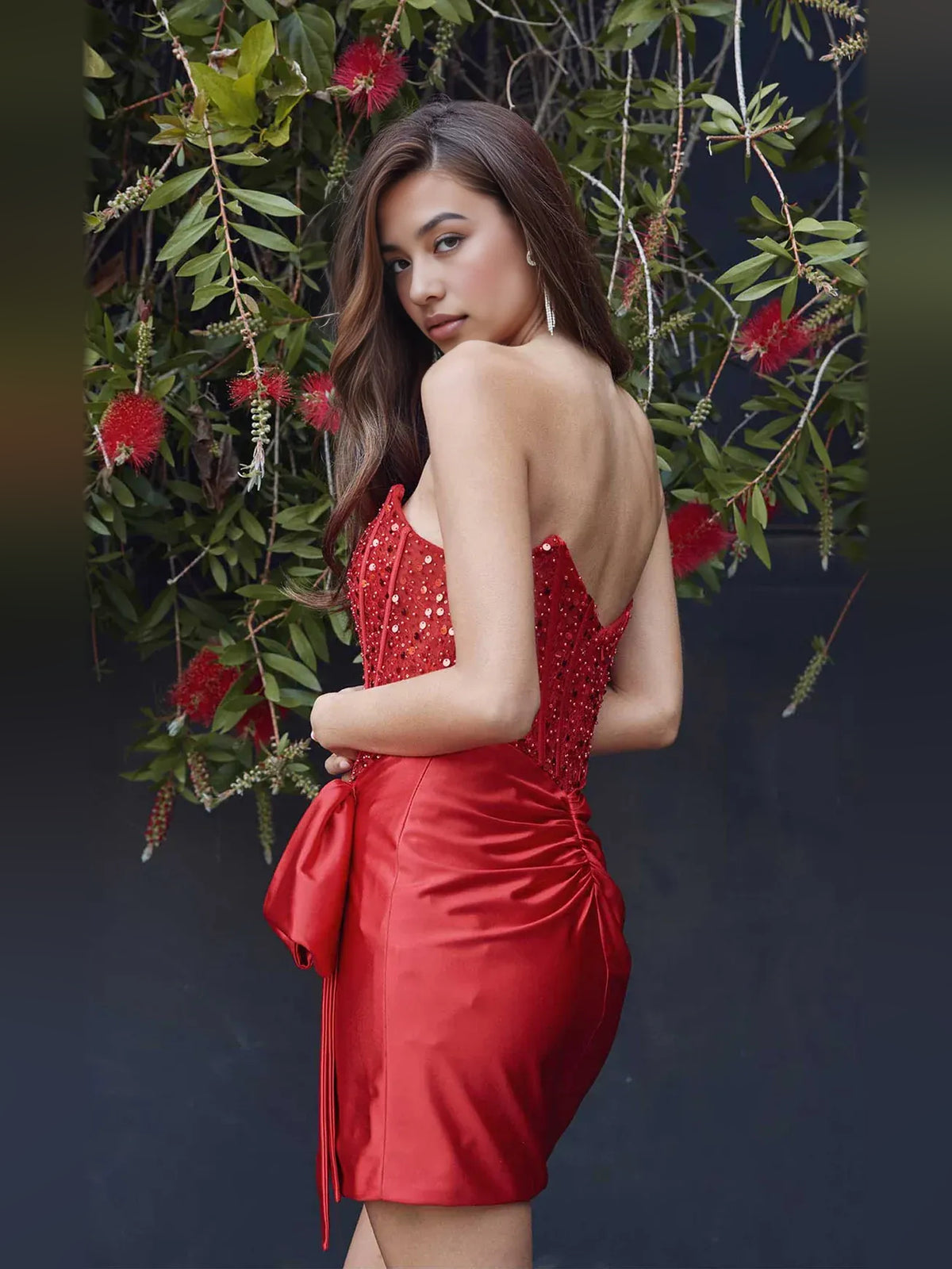 Crimson Red mini homecoming dress, back view showing the rear of the dress