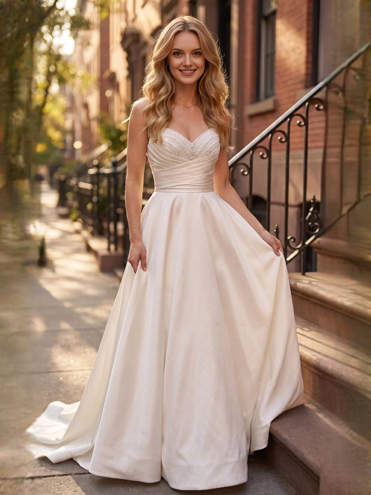 Ivory floor-length wedding dress, alternate view showing the bodice and skirt