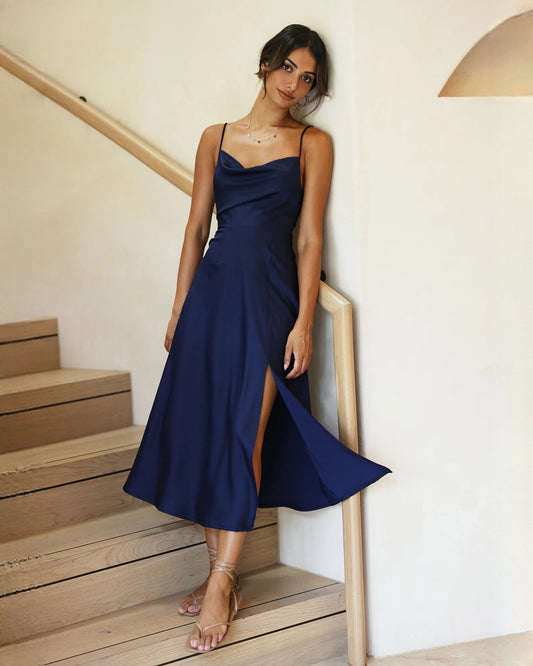 sleeveless satin a-line maxi bridesmaid dress - image 2