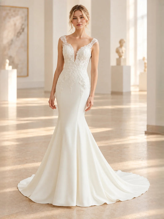 Ivory floor-length wedding dress, alternate view showing the bodice and skirt