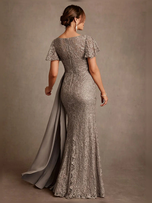 Taupe maxi mother of the bride dress, alternate view showing the bodice and skirt