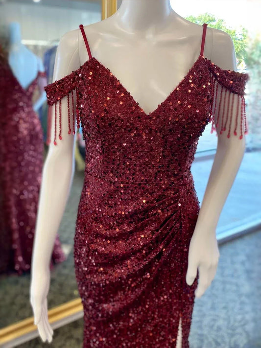 Deep Red maxi prom dress, alternate view showing the bodice and skirt
