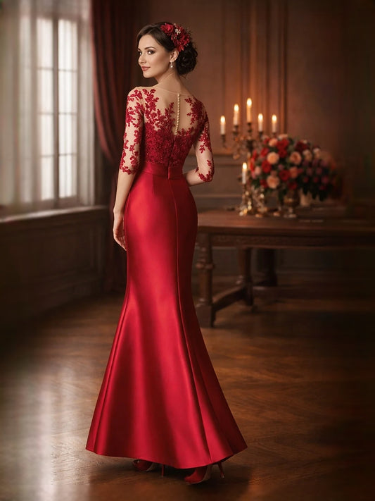 Red floor-length mother of the bride dress, alternate view showing the bodice and skirt
