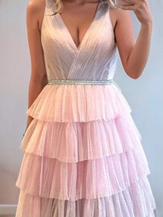Pink floor-length prom dress, alternate view showing the bodice and skirt
