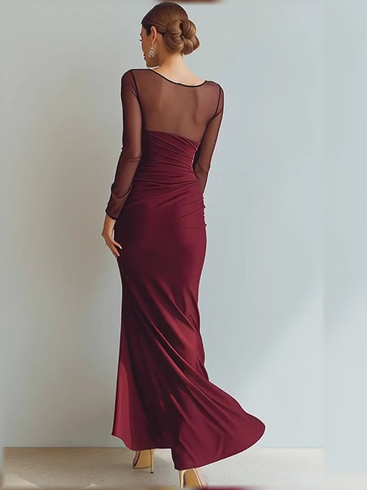 Burgundy sheath floor-length formal dress with skirt slit, alternate view