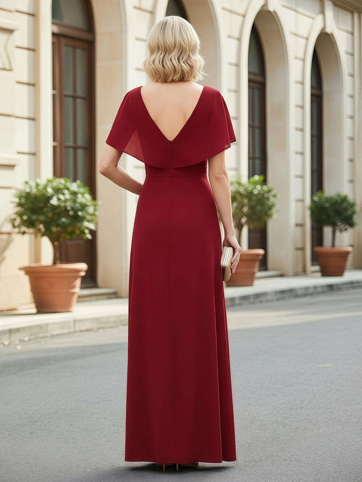 Burgundy maxi mother of the bride dress, alternate view showing the bodice and skirt