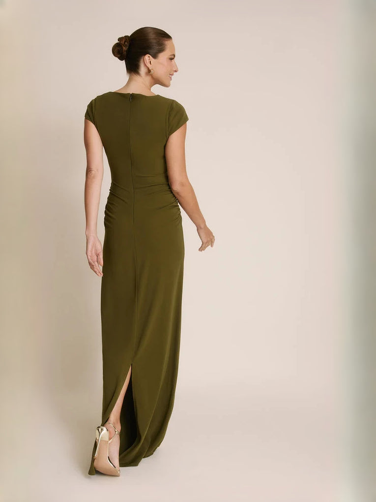 Olive Green short bridesmaid dress, alternate view showing the bodice and skirt