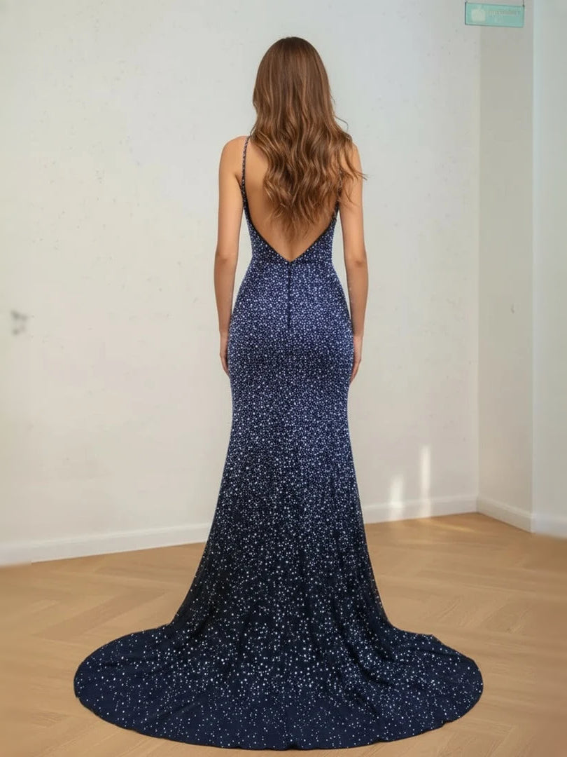 Dark Navy floor-length prom dress, alternate view showing the bodice and skirt