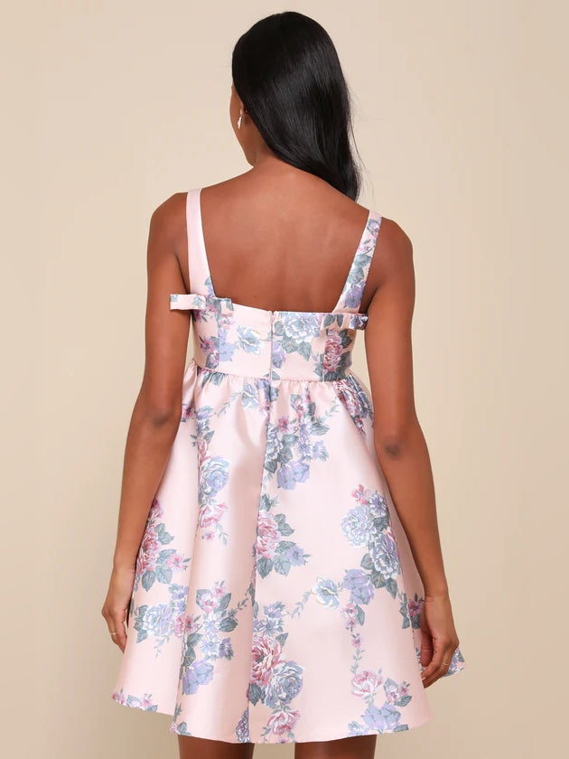 Pink Floral mini homecoming dress, alternate view showing the bodice and skirt