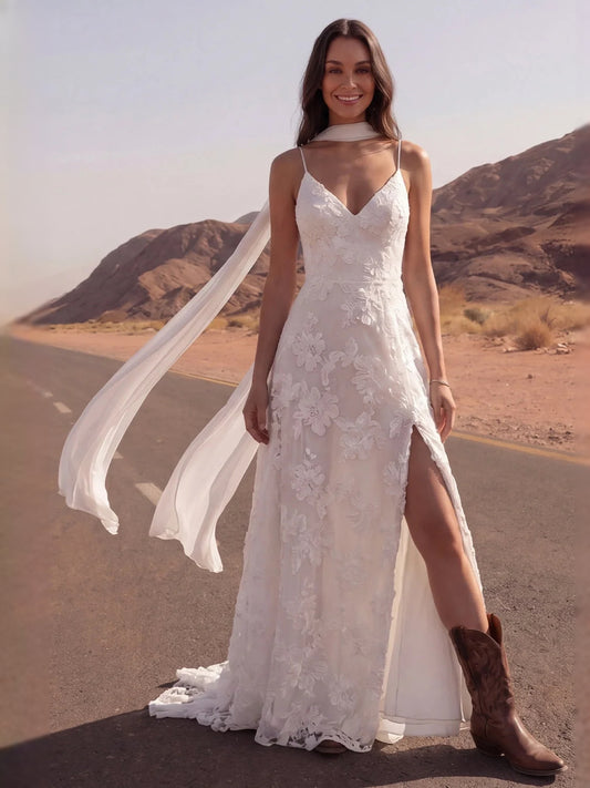 Ivory floor-length wedding dress, alternate view showing the bodice and skirt