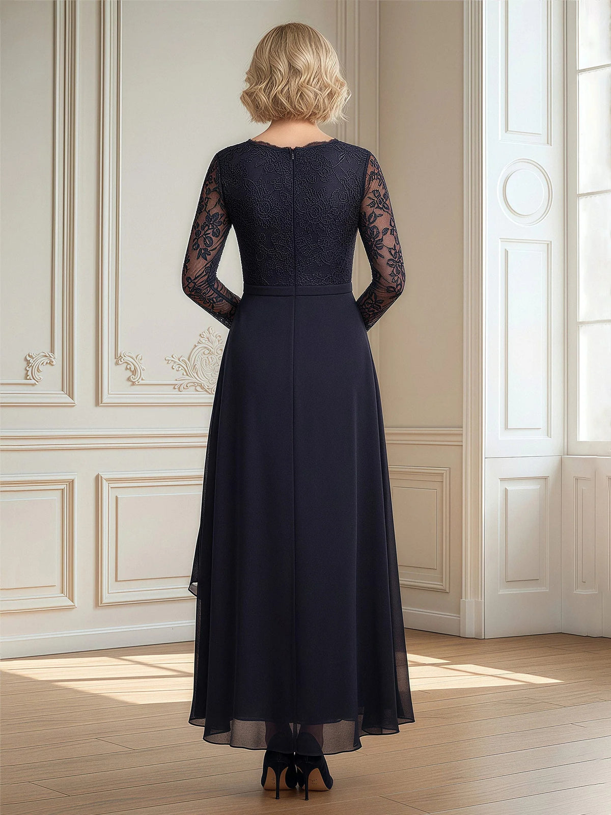 Dark Navy high-low mother of the bride dress, alternate view showing the bodice and skirt