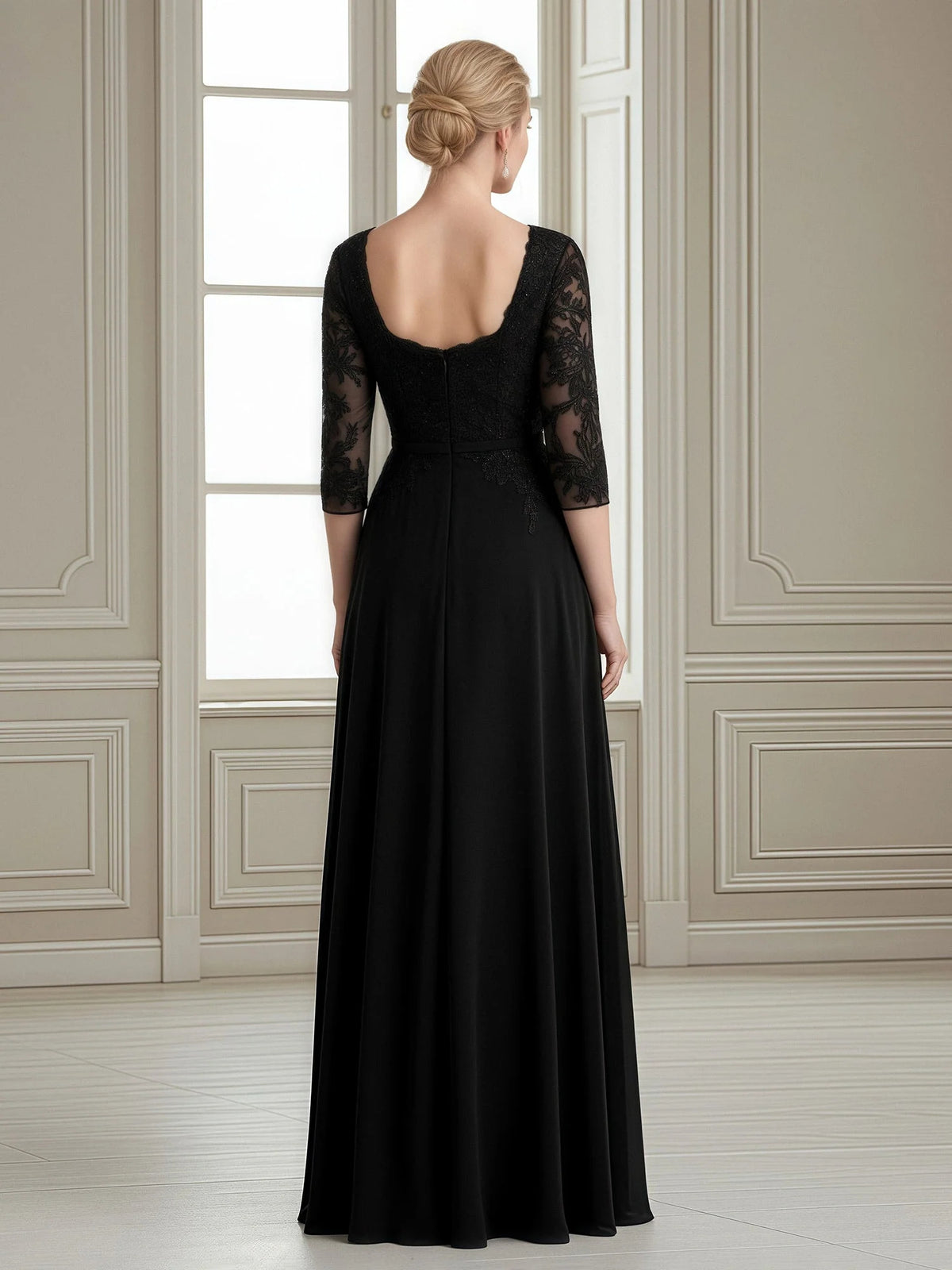 Black floor-length mother of the bride dress, alternate view showing the bodice and skirt
