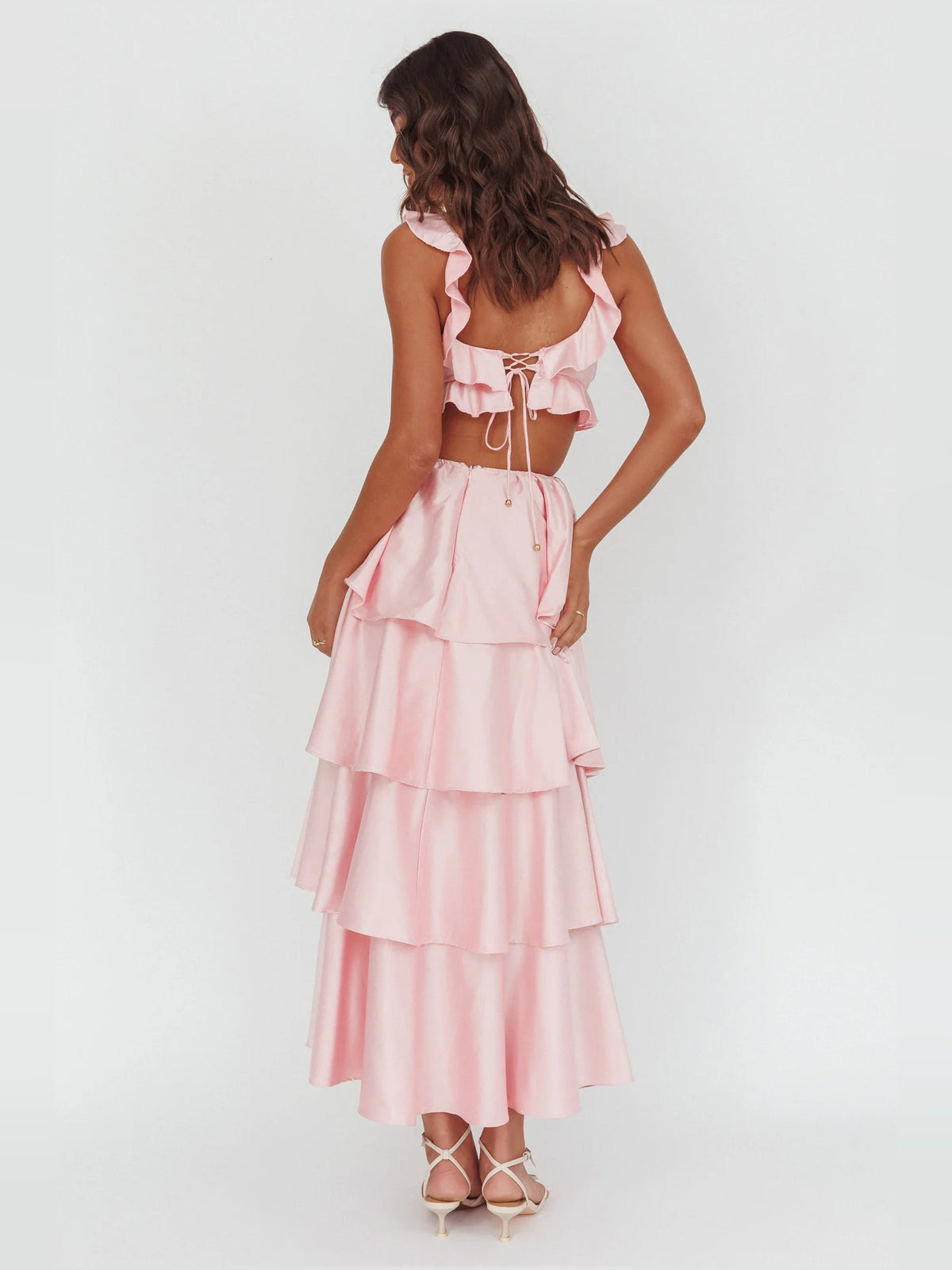 Blush a-line maxi formal dress with tiered skirt, full-length back view