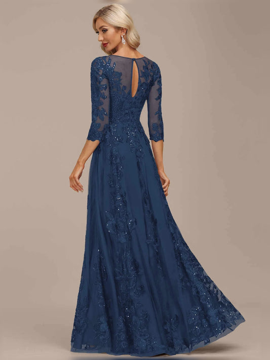 Dark Blue maxi mother of the bride dress, alternate view showing the bodice and skirt
