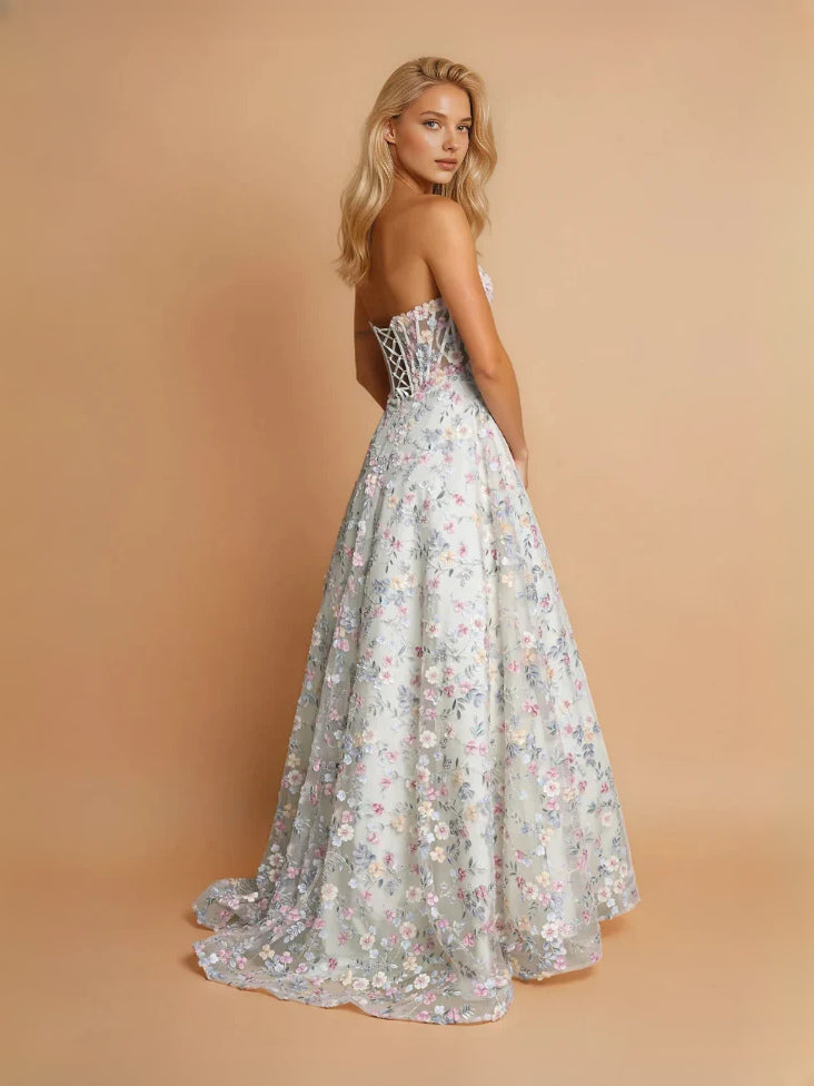 Ivory floor-length prom dress, alternate view showing the bodice and skirt