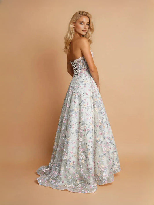 Ivory floor-length prom dress, alternate view showing the bodice and skirt