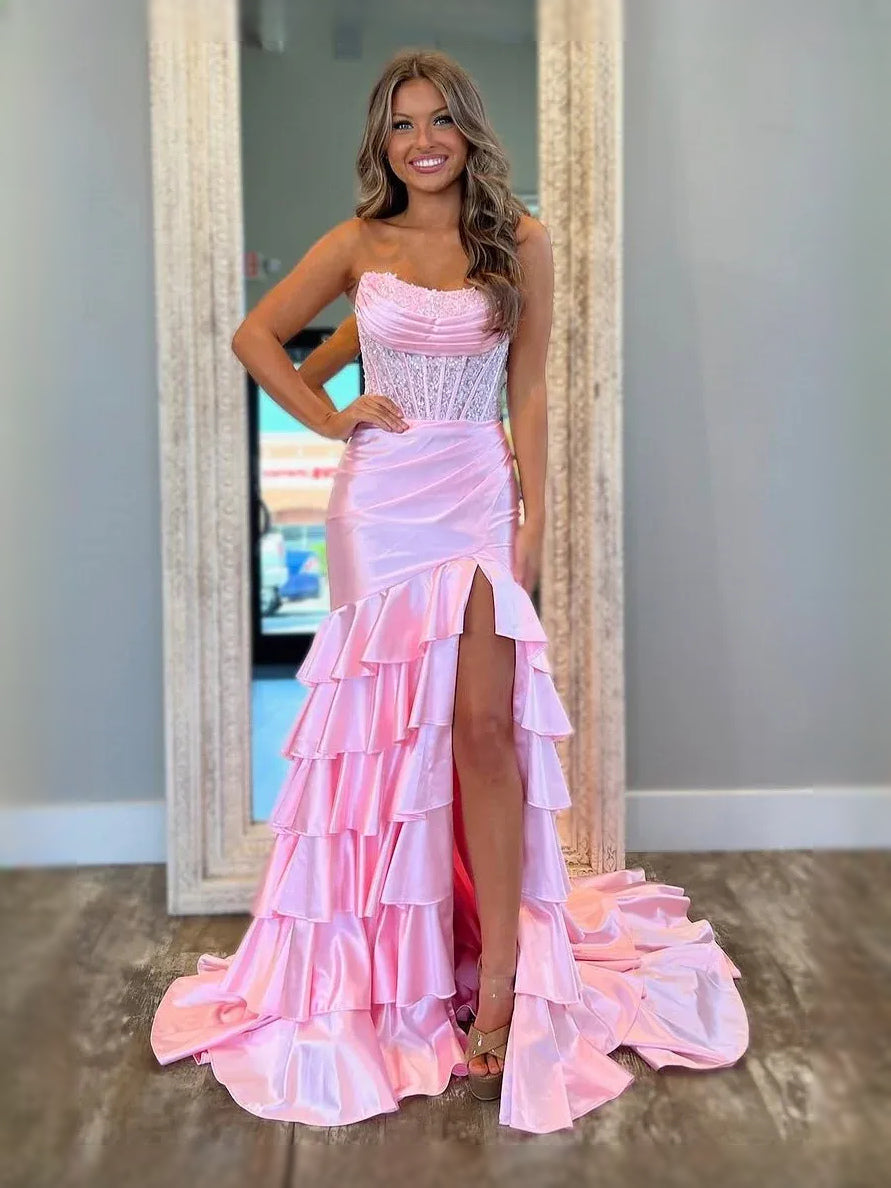 Pink floor-length prom dress, alternate view showing the bodice and skirt