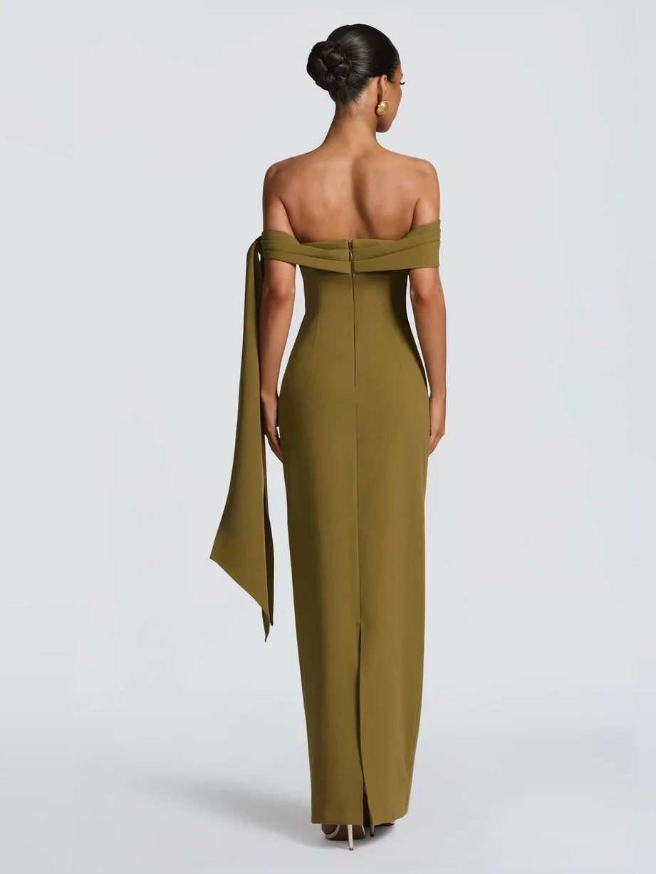 Olive Green sheath floor-length formal dress with skirt slit, alternate view