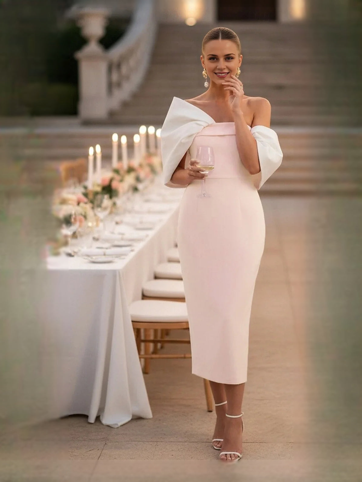 Blush Pink midi prom dress, alternate view showing the bodice and skirt