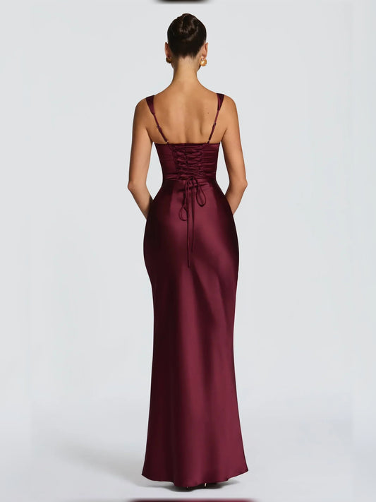 Burgundy mermaid floor-length formal dress with corset-style bodice, alternate view