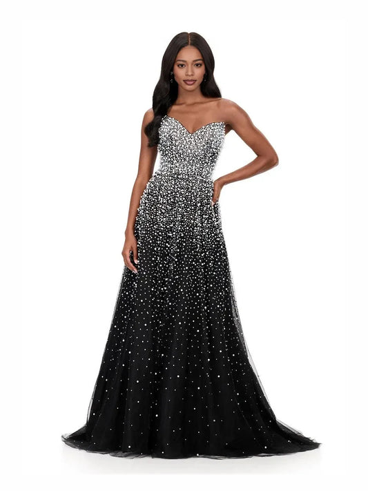 Black floor-length prom dress, alternate view showing the bodice and skirt