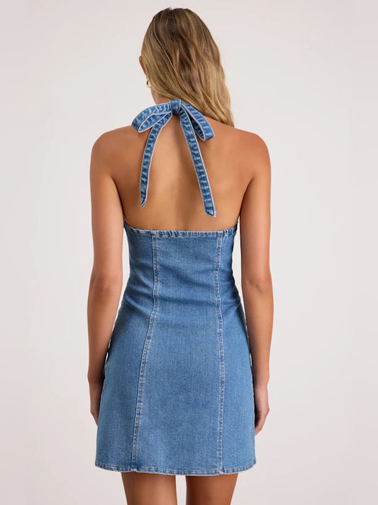Blue mini homecoming dress, alternate view showing the bodice and skirt