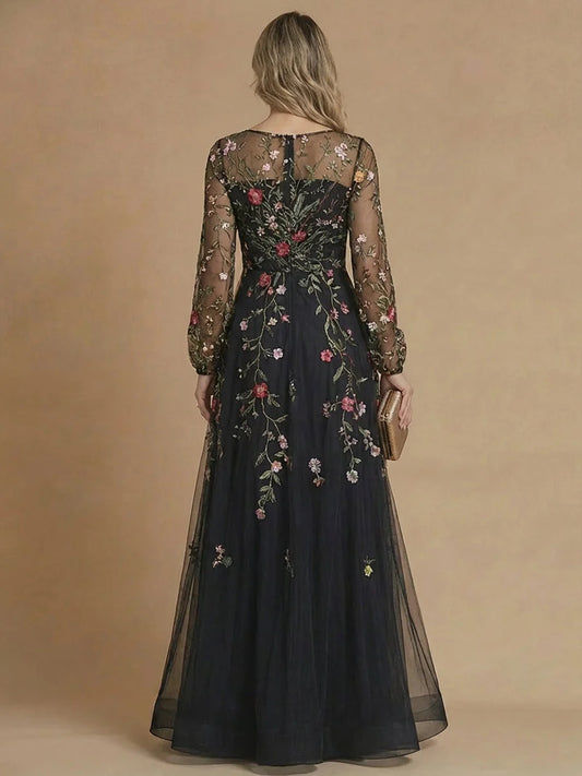 Black floor-length mother of the bride dress, alternate view showing the bodice and skirt