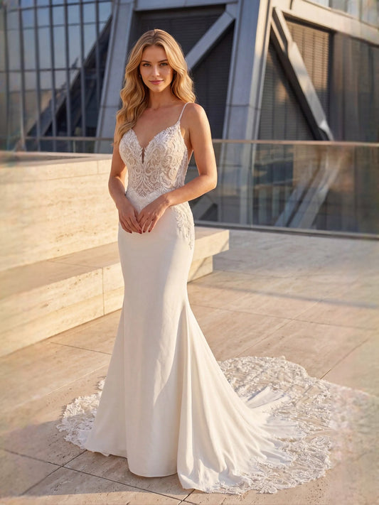 White floor-length wedding dress, alternate view showing the bodice and skirt