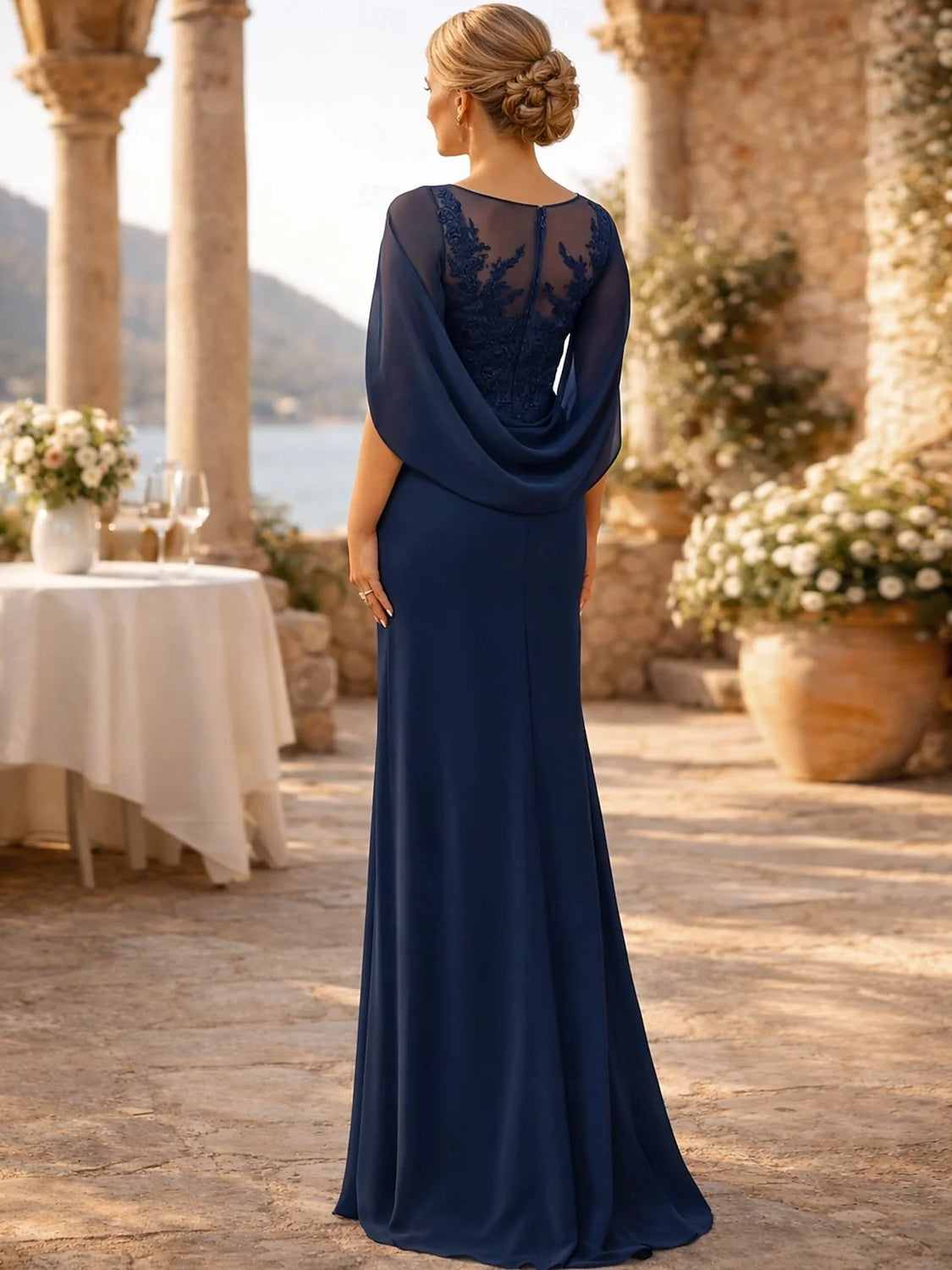 Navy Blue floor-length mother of the bride dress, alternate view showing the bodice and skirt